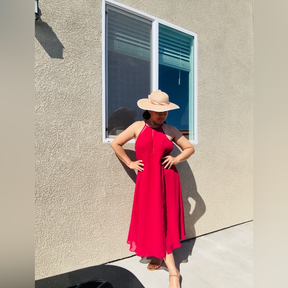 Azazie Red Pleated Halter Midi Dress